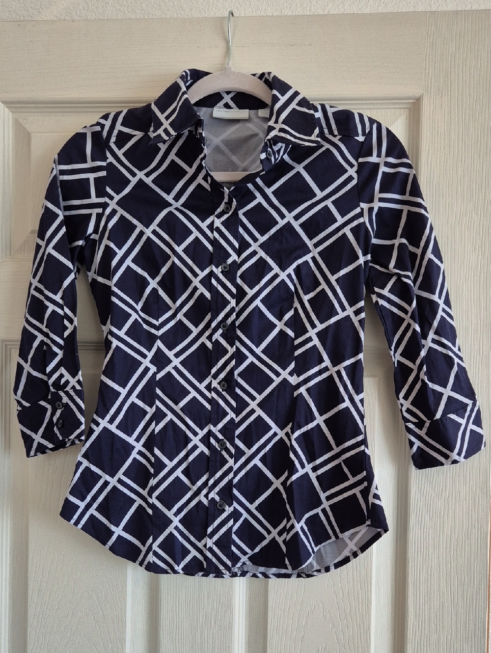New York & Company Navy and White Geometric Shirt